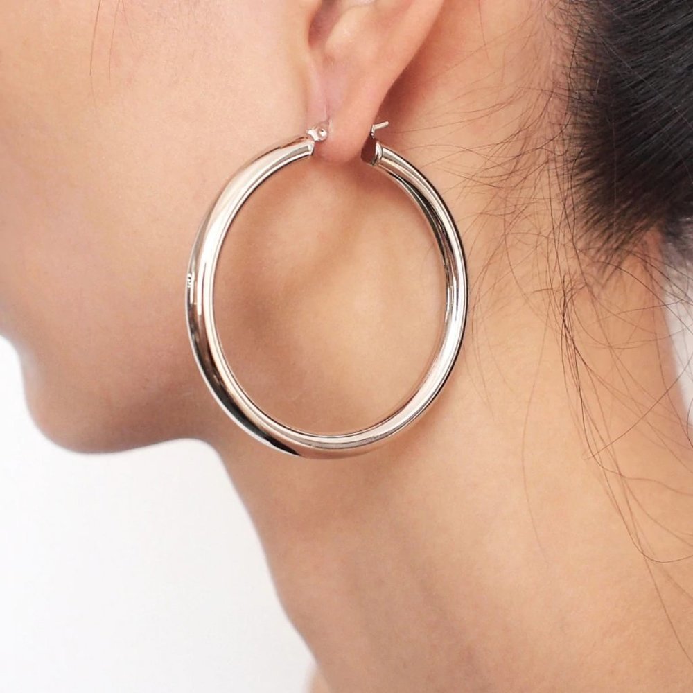 *NEW 18K White Gold Round 2'' Tube Hoop Earrings - Picture 2 of 7